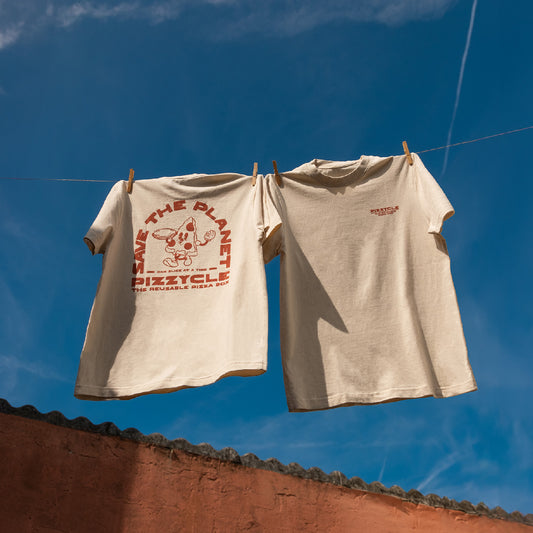 dry hanging PIZZycle mascot t-shirts branding blue sky, western aesthetic